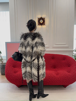 YVES SALOMON - COAT FOX BANDS/MERINOS KNITWEAR / NUANCE LUNE