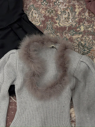 BLUMARINE - Wool Jumper With Fur-Trimmed Neckline in Ice Grey