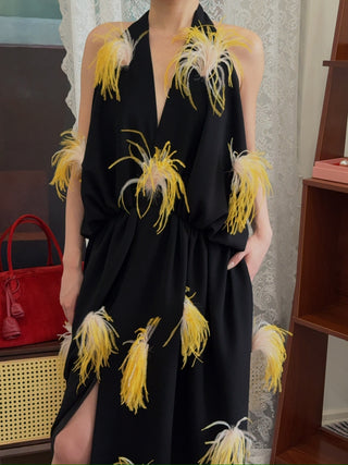 16ARLINGTON Vide Feather Midi Dress in Black