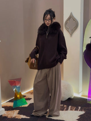 YVES SALOMON - Merino Knit and Fox Fur Jacket in Brown