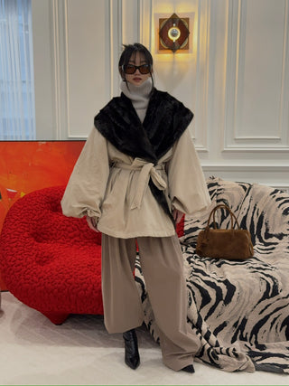 MAGDA BUTRYM - Belted Faux Fur Collar Jacket in Beige