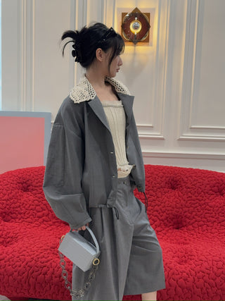 THE MANNEI - Crochet Collar Bomber Jacket in Grey