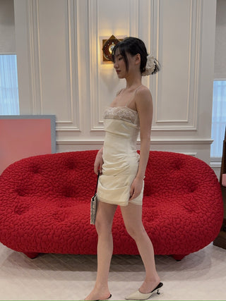 MAGDA BUTRYM - Mini corset dress with lace neckline in cream