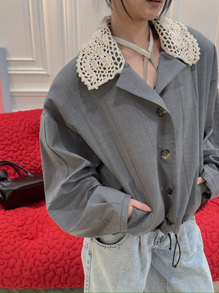 THE MANNEI - Crochet Collar Bomber Jacket in Grey