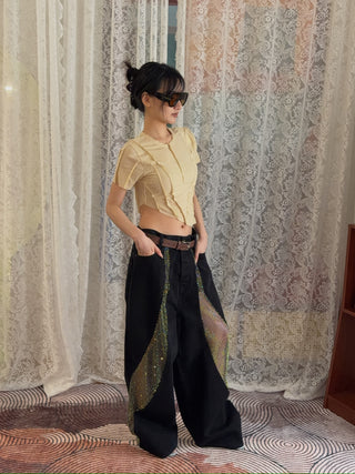 DARK PARK - Lady Ray around Crystal Panel Oversized Denim in Black