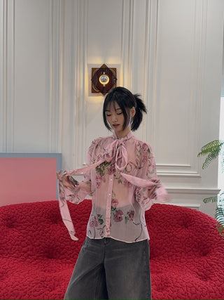 BLUMARINE - Rose Print Silk Creponne Blouse