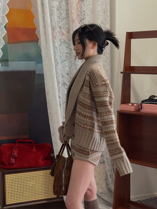 MAGDA BUTRYM - Double-Breasted Patterned Knit Cardigan With Shawl Collar in Camel