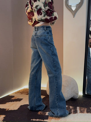 AARON ESH Puddle Jeans in Blue Wash High-Waisted Wide-Leg Flared
