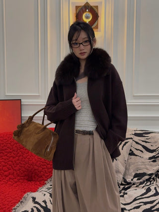 YVES SALOMON - Merino Knit and Fox Fur Jacket in Brown