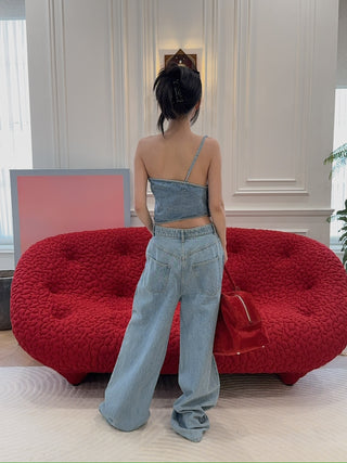 MAGDA BUTRYM - One-shoulder draped denim top in sky blue