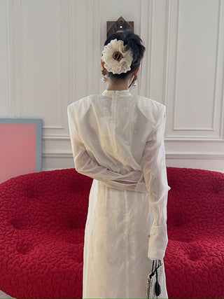 MAGDA BUTRYM - Embroidered High-Neck Midi Dress with Blouson Bodice