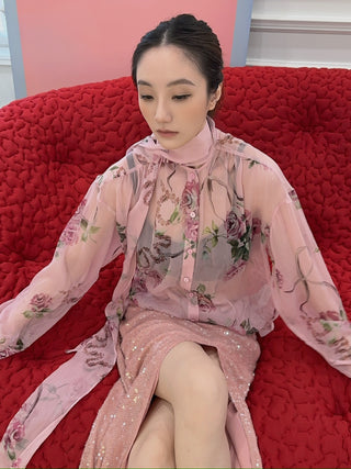BLUMARINE - Rose Print Silk Creponne Blouse
