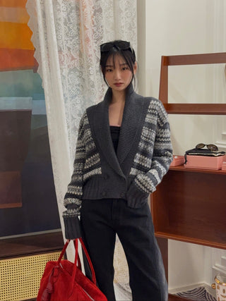MAGDA BUTRYM - Double-Breasted Patterned Knit Cardigan With Shawl Collar in Grey