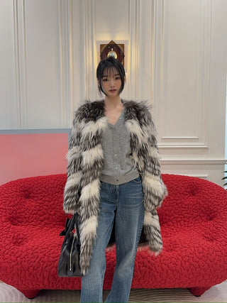 YVES SALOMON - COAT FOX BANDS/MERINOS KNITWEAR / NUANCE LUNE