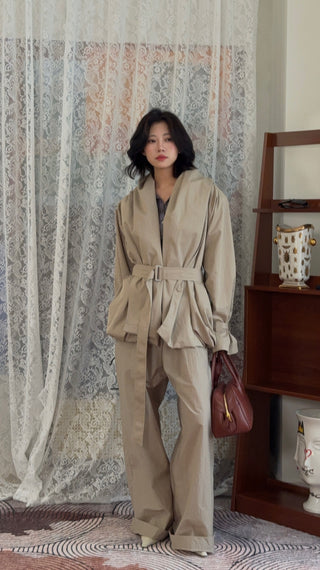MAGDA BUTRYM - Low-Rise Ruffled Waist Trousers in Beige