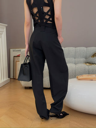 A.W.A.K.E MODE Tapered Pants | Black Vertical Slit Knee High-Waisted