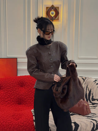 MAGDA BUTRYM - Fitted Leather Peplum Jacket in Brown