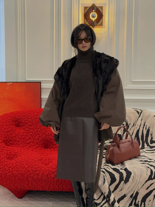 MAGDA BUTRYM - Belted Faux Fur Collar Jacket in Brown