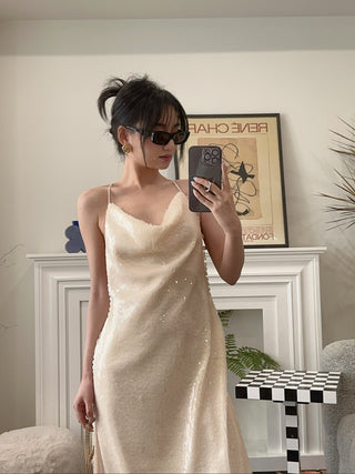MAGDA BUTRYM Sequin spaghetti strap gown in cream