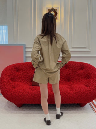 SPORTY & RICH - H&W Crest Oversized Shirt in Light Tan