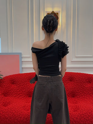 ROKH Flower Draped Off Shoulder top