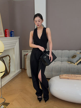 A.W.A.K.E MODE Tapered Pants | Black Vertical Slit Knee High-Waisted