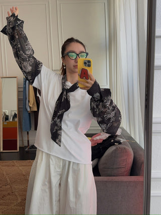 NATASHA ZINKO COMBO FLORAL PRINT TSHIRT LS PUSSY BOW BLOUSE