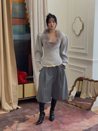 BLUMARINE - Wool Jumper With Fur-Trimmed Neckline in Ice Grey