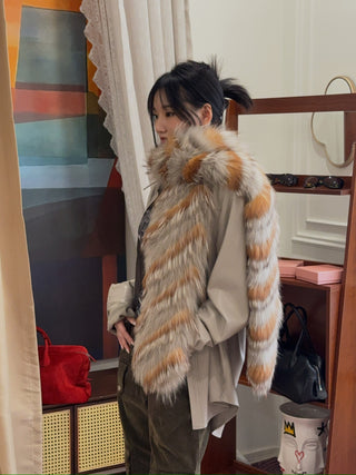 YVES SALOMON - Striped Fox Fur Scarf in Reddish Beige
