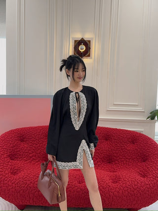 ROWEN ROSE - RAGLAN LONG SLEEVES DRESS IN GEORGETTE AND LACE