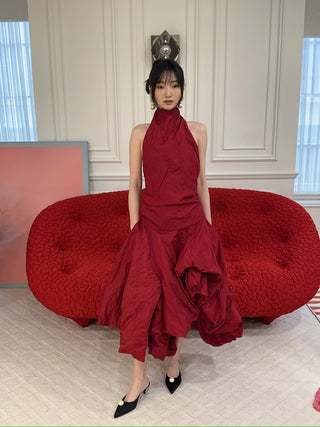 MAGDA BUTRYM - High-Neck Dress with Adjustable Skirt in Red