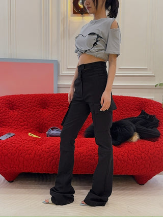 ANDREADAMO - FLARE PANTS WITH STRAPS / BLACK