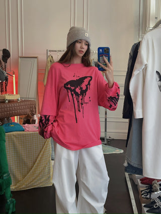 LESUGIATELIER BUTTERFLY GRAPHIC LAYERED SLEEVE T-SHIRT