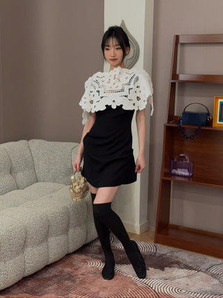 RXQUETTE - UPCYCLED RICHELIEU VEIL DRESS / BLACK WITH OFFWHITE
