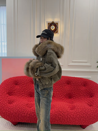 BLUMARINE - CANVAS BOMBER JACKET WITH FAUX FUR