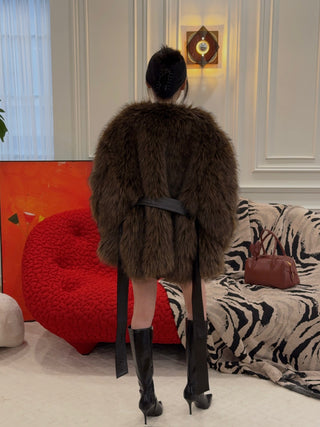 MAGDA BUTRYM - Belted Faux Fur Jacket in Brown
