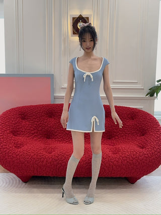 ROWEN ROSE - MINI DRESS WITH BOW DETAIL & SQUARED NECK IN SABLÉ