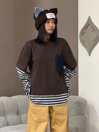 LOVERBOY - LONG SLEEVE 2-IN-1 TEE WITH KNIT PATCH in BROWN STRIPE