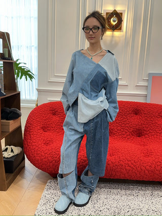 A.W.A.K.E. OFF SHOULDER UPCYCLED DENIM TOP