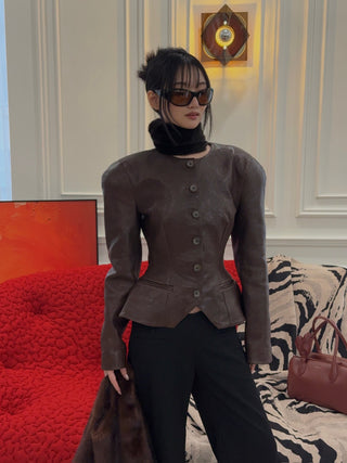 MAGDA BUTRYM - Fitted Leather Peplum Jacket in Brown