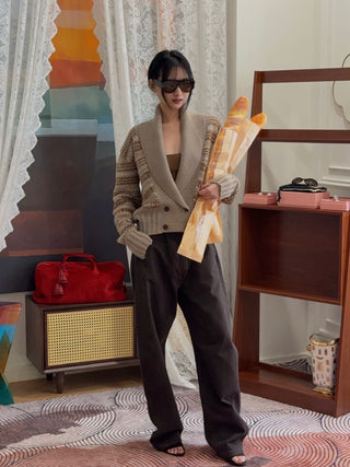 MAGDA BUTRYM - Double-Breasted Patterned Knit Cardigan With Shawl Collar in Camel