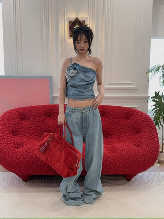 MAGDA BUTRYM - One-shoulder draped denim top in sky blue