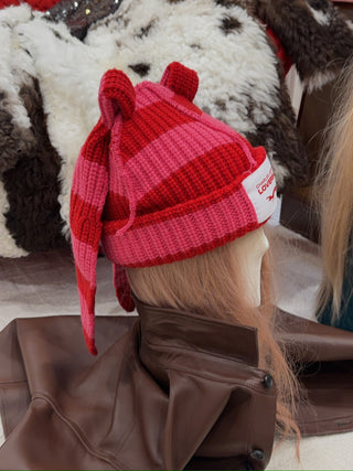 LOVERBOY - CHUNKY RABBIT BEANIE in RED PINK STRIPE