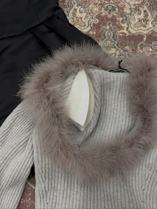 BLUMARINE - Wool Jumper With Fur-Trimmed Neckline in Ice Grey