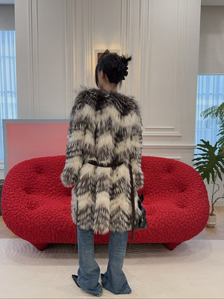 YVES SALOMON - COAT FOX BANDS/MERINOS KNITWEAR / NUANCE LUNE