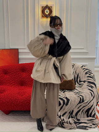 MAGDA BUTRYM - Belted Faux Fur Collar Jacket in Beige