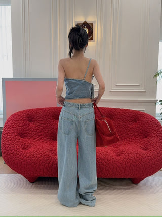 MAGDA BUTRYM - One-shoulder draped denim top in sky blue