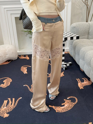 BLUMARINE SATIN PANTS WITH DENIM AND LACE INSERTS