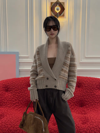MAGDA BUTRYM - Double-Breasted Patterned Knit Cardigan With Shawl Collar in Camel