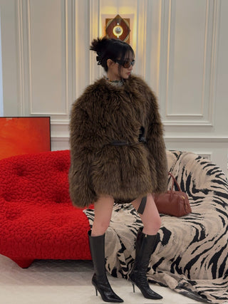 MAGDA BUTRYM - Belted Faux Fur Jacket in Brown